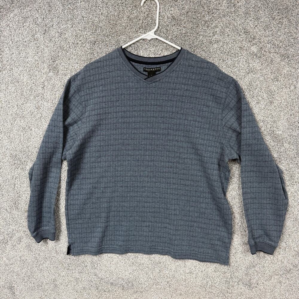 Vintage 90s Consensus Sweater Mens L Blue Check V-Neck Knit Coastal Grandpacore